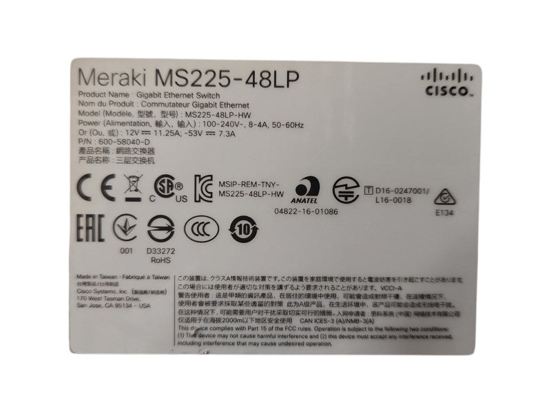 Cisco Meraki MS225-48LP-HW 48 Port GbE PoE+ Network Switch UNCLAIMED