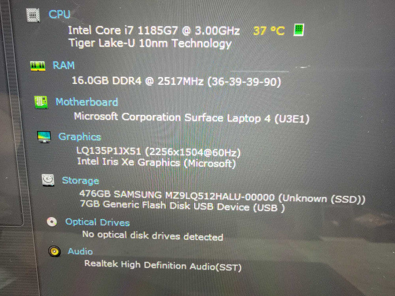 MS Surface Laptop 4 1950 13.5" | i7-1185G7 @3.0 GHz 16GB RAM 512GB SSD READ  Lap200