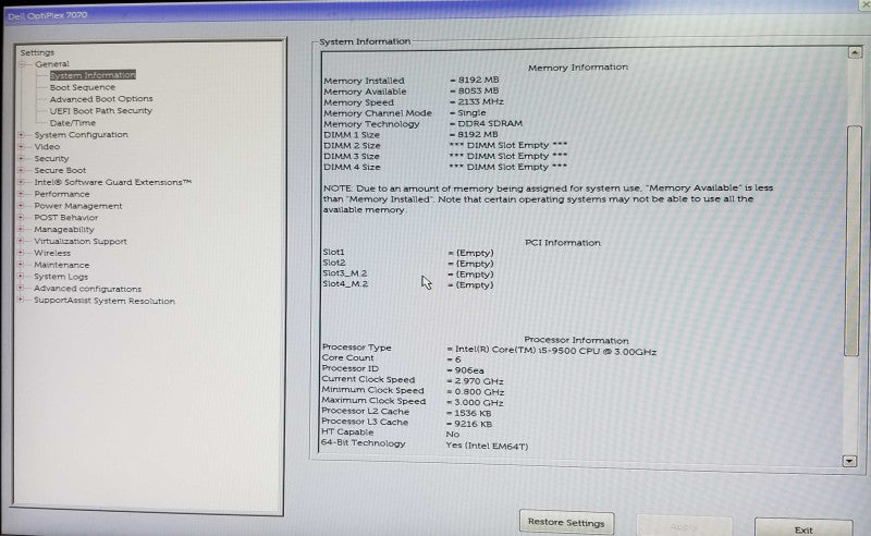 Dell OptiPlex 7070 SFF, Intel i5-9500 CPU 3.00GHz 8GB RAM - NO HDD