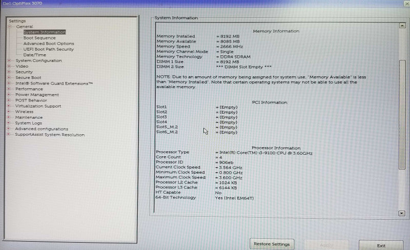 Dell OptiPlex 3070 Tower, Intel i3-9100 CPU 3.60GHz 8GB RAM - NO HDD