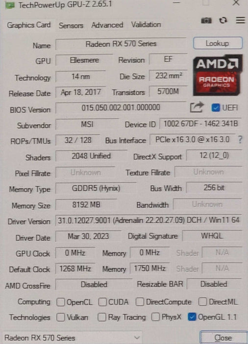 MSI Radeon RX 570 Armor 8G OC PCIE Graphics Card