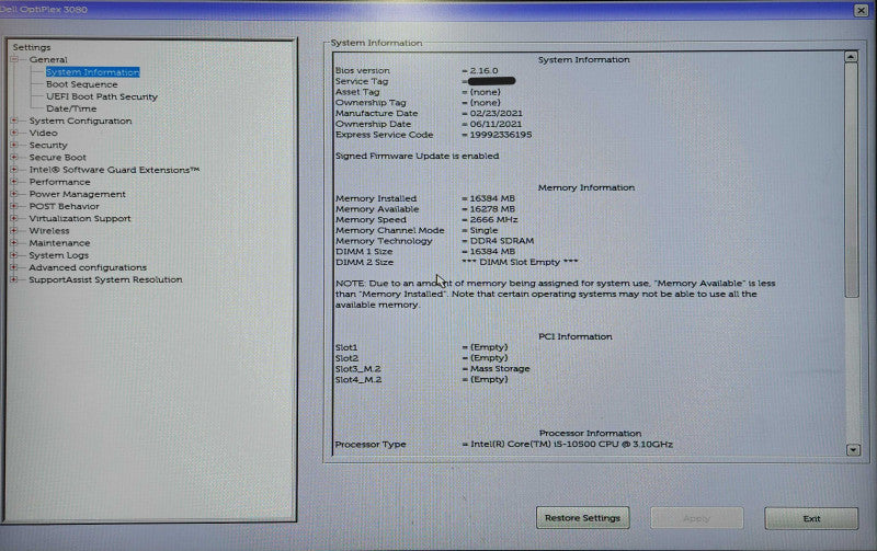 Dell OptiPlex 3080 SFF, Intel i5-10500 3.10GHz, 16GB DDR4, 256GB NVMe