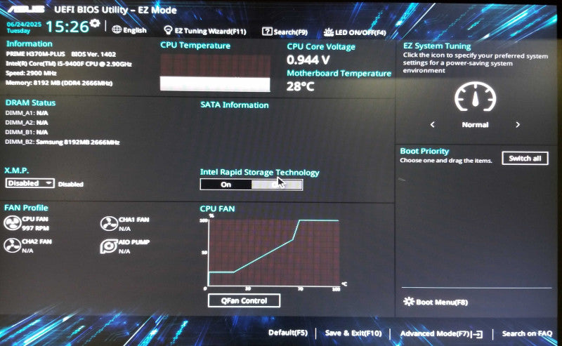 Asus MotherBoard H370M-PLUS with Intel i5-9400F CPU 2.90GHz, 8GB RAM