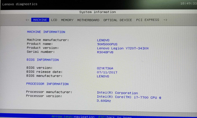 Lenovo Legion Y720T Tower, Intel i7-7700 CPU 3.60 GHz - 16GB RAM - NO HDD