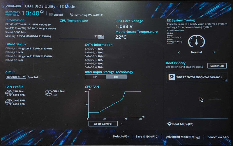 Custom PC, ASUS H270M-PLUS, i7-7700 3.600GHz, 16GB DDR4, 256GB NVMe, K2200