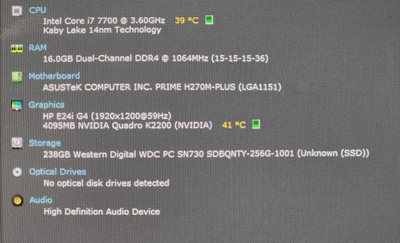Custom PC, ASUS H270M-PLUS, i7-7700 3.600GHz, 16GB DDR4, 256GB NVMe, K2200