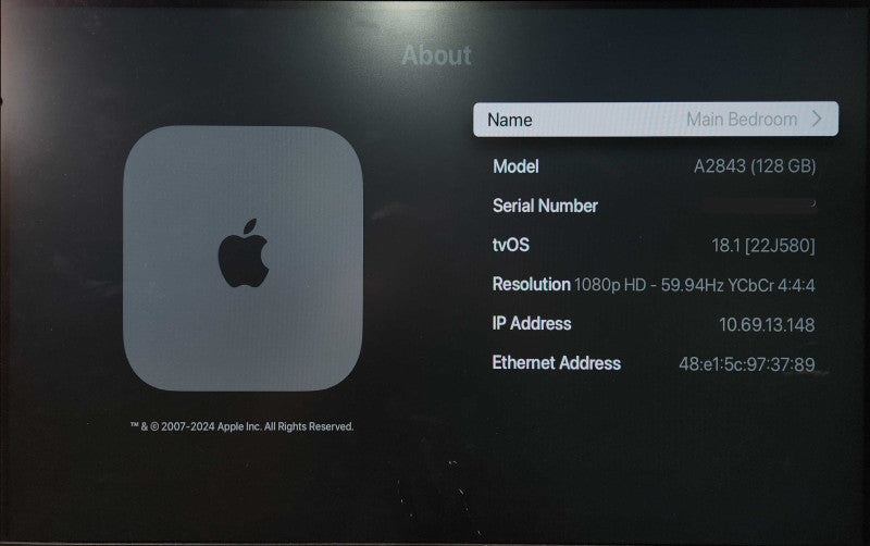 Apple TV 4K 3rd Gen A2843 128GB Media Streamer, No Remote
