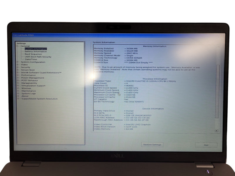 Dell Latitude 5510 Intel Core i5-10310U 1.7GHz 16GB DDR4 RAM 256GB NVme READ ! Lap200