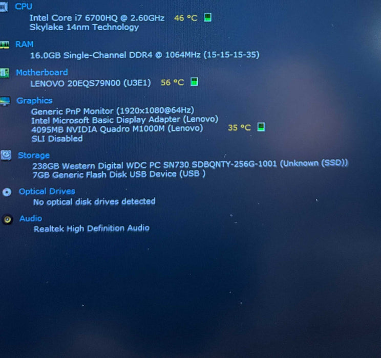 Lenovo ThinkPad P50 i7-6700HQ@2.6GHz QUADRO M1000M 4GB GPU 16GB RAM 256SSD  Lap200