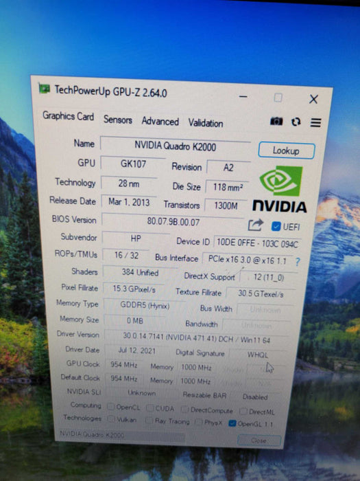 NVIDIA QUADRO K2000 2GB PCIE %