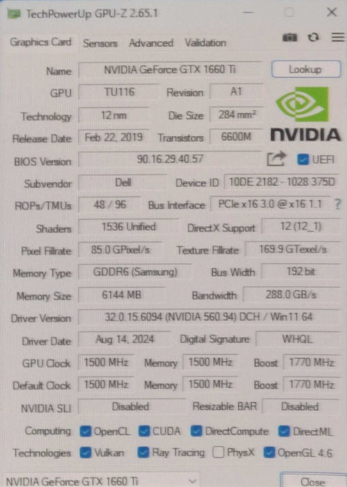 Dell GeForce GTX 1660 Ti 6GB GDDR6 Graphics Card Dell P/N: 00C77