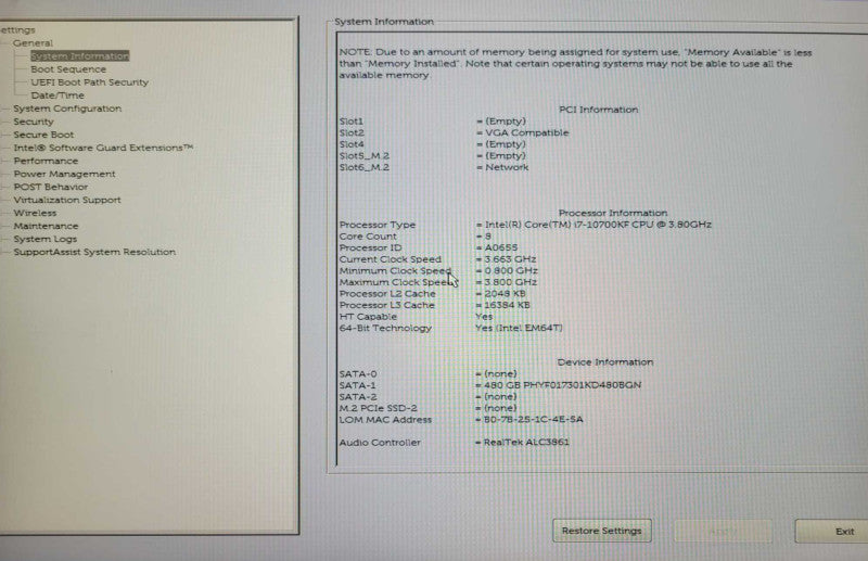 Dell G5 5000 PC, Core I7-10700KF 3.80GHz, 16GB DDR4, 480GB SSD, GTX 1650 Su _