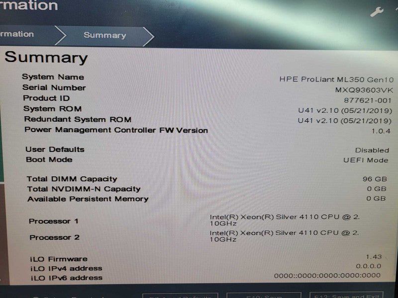 HPE PL ML350 Gen10 - 2x Xeon Silver 4110 96GB DDR4 NO HD P408i-a 2x800W PS %
