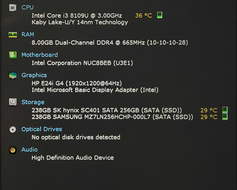 Intel NUC BOXNUC8i3BEHFA1 i3-8109U 3.00GHz, 8GB DDR4, 256GB NVMe+256GB SSD