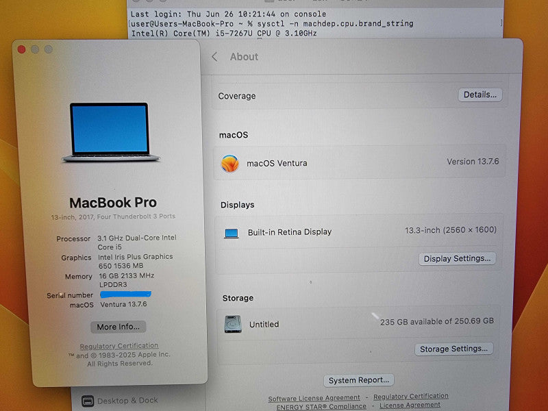 Apple MacBook Pro 13" A1706 2017 |i5-7267U @3.1GHz 16GB DDR3 256GB SSD READ Q