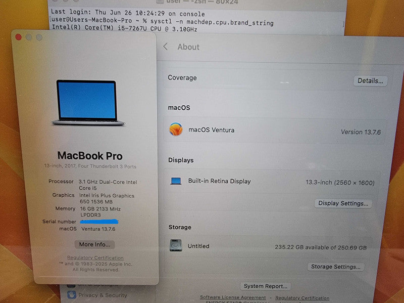 Apple MacBook Pro 13" A1706 2017 |i5-7267U @3.1GHz 16GB DDR3 256GB SSD READ