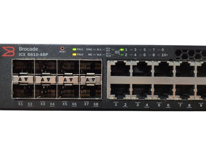 Brocade ICX6610-48P-PE 48-port GbE PoE+ 8-port SFP 4x QSFP+ Switch, 2x PSU