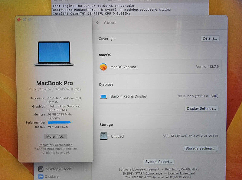 Apple MacBook Pro 13" A1706 2017 |i5-7267U @3.1GHz 16GB DDR3 256GB SSD READ Q