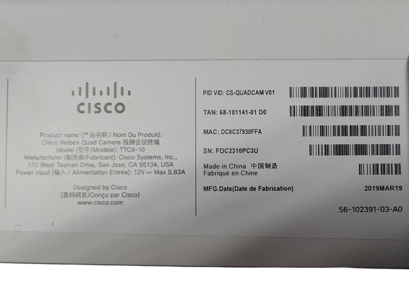 Cisco TTC8-10 Webex Quad Conference Camera ONLY _