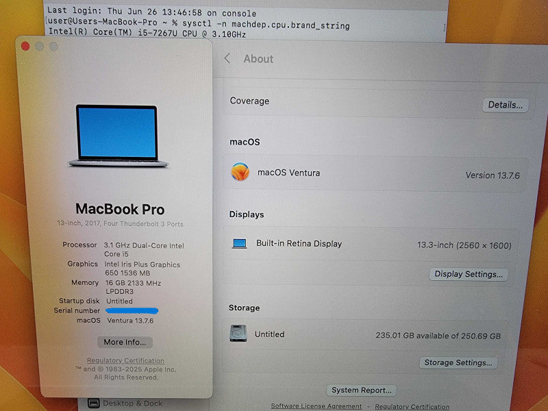 Apple MacBook Pro 13" A1706 2017 |i5-7267U @3.1GHz 16GB DDR3 256GB SSD READ
