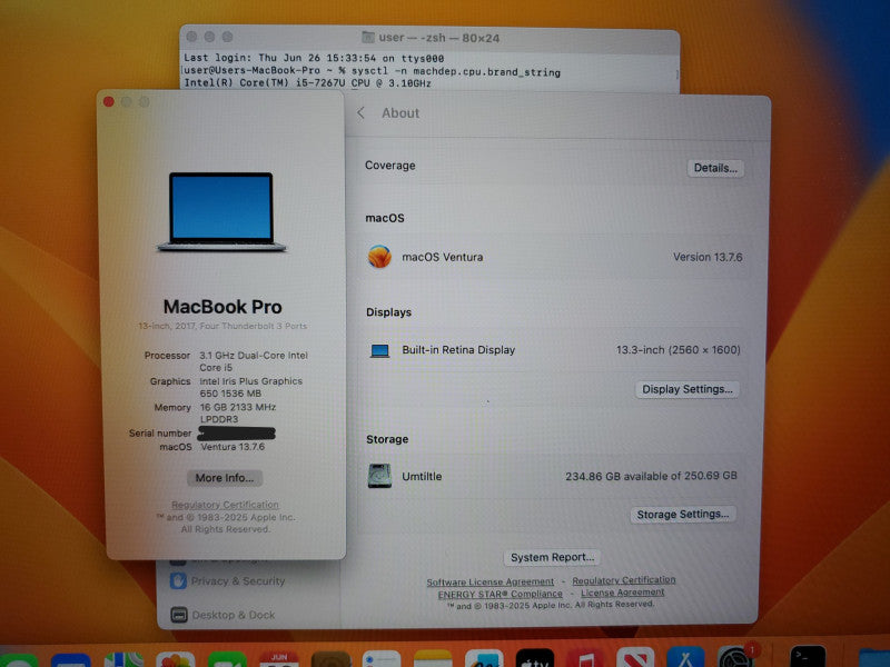 Apple MacBook Pro 13" A1706 2017 |i5-7267U @3.1GHz 16GB DDR3 256GB SSD READ