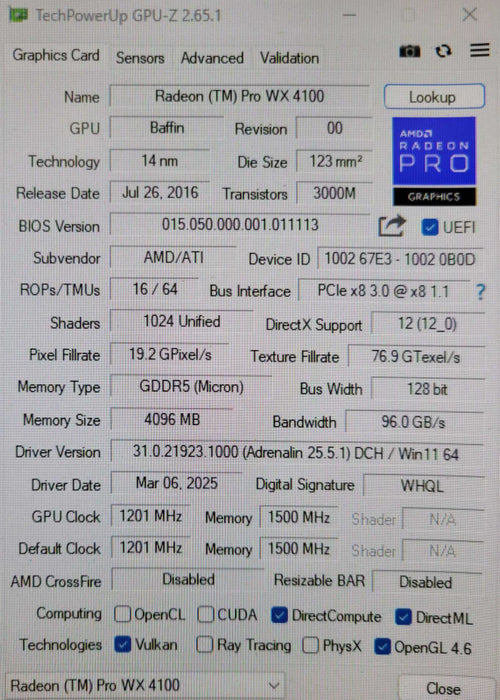 AMD Radeon Pro WX4100 4GB GDDR5 Graphics/Video Card, 4x Mini DP, FH Bracket _