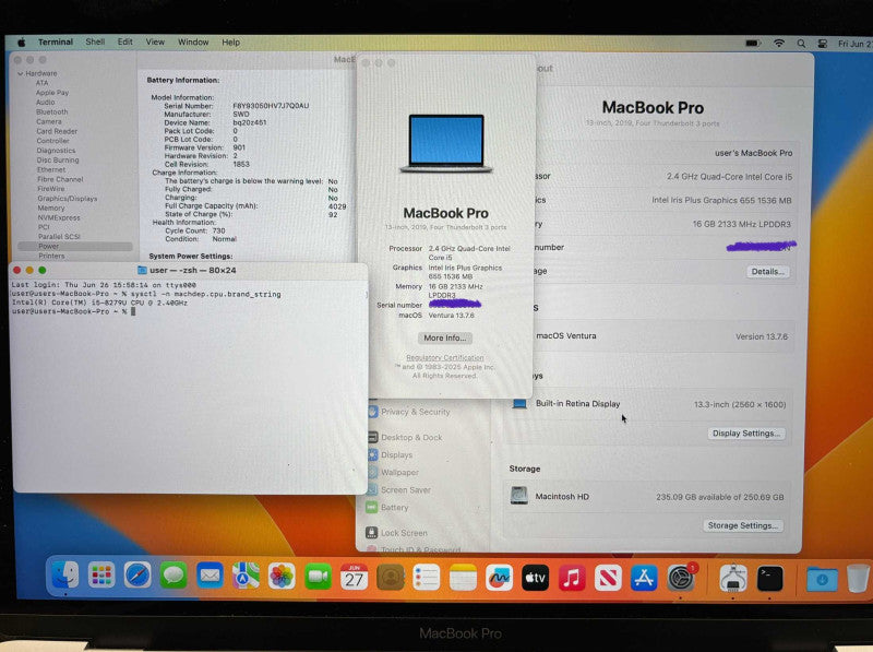 Apple MacBook Pro 13" 2019 Touch Bar i5-8279U@2.4GHz 16GB RAM 256GBSSD READ