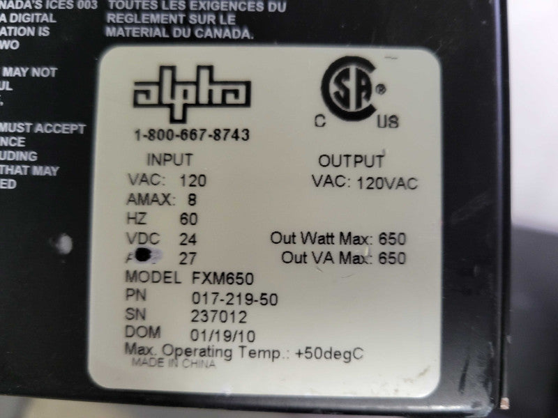 Alpha FXM650-24 UPS Module, READ _