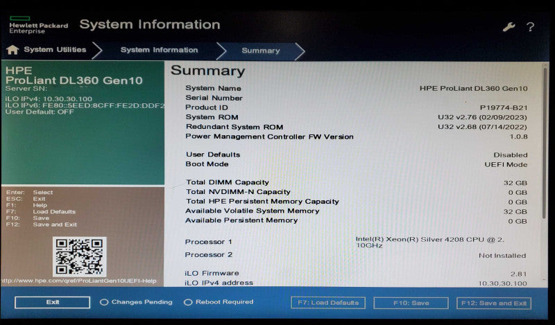 HP ProLiant DL360 Gen10 1x Xeon Silver 4208 32GB DDR4 P408i-a SR - No HDD