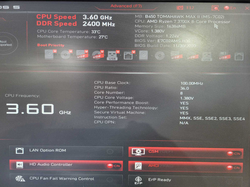 Custom PC MSI B450 Tomahawk MAX II AMD Ryzen 7 3700X 16GB 256GB NVMe !