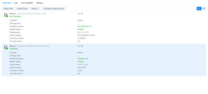 Synology DiskStation DS218+ 2 bays NAS, w/ 2x 2TB HDDs, No PWR