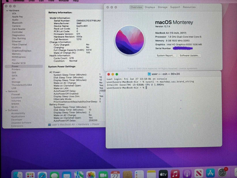 Apple MacBool Air 13" 2017 i5-5350U@1.8GHz 8GB RAM 128GB SSD