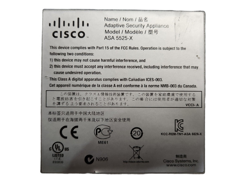 Cisco ASA 5525-X, 8-Port, Firewall Adaptive Security Appliance, No HDD