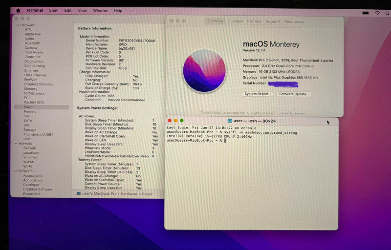 Apple MacBook Pro 13" 2019 i5-8279U 16GB 256SSD Battery Service Recommended