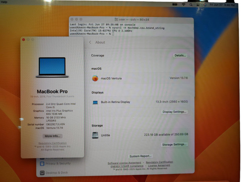 Apple MacBook Pro 13" 2019 Touch Bar i5-8279U 16GB RAM 256GB SSD