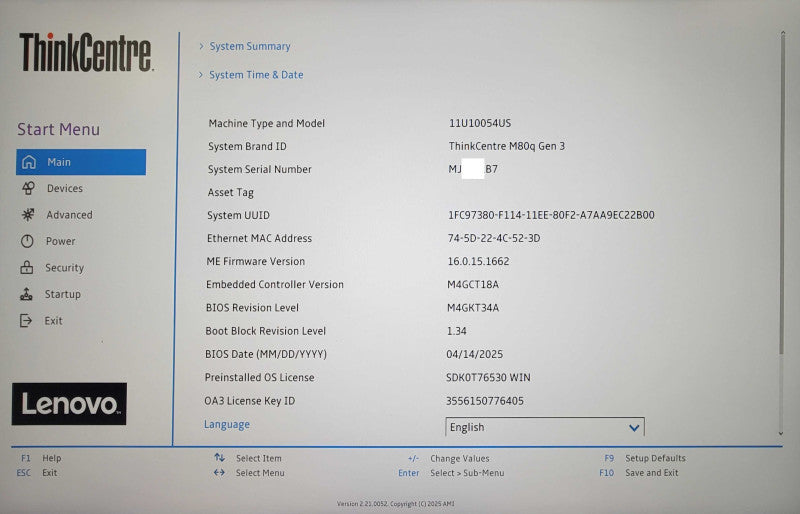 Lenovo ThinkCentre M80q Gen 3 i5-12500T 2GHz 16GB 512GB NVMe w/ Power adpt _