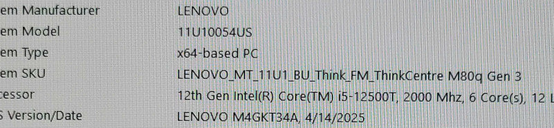 Lenovo ThinkCentre M80q Gen 3 i5-12500T 2GHz 16GB 512GB NVMe w/ Power adpt _
