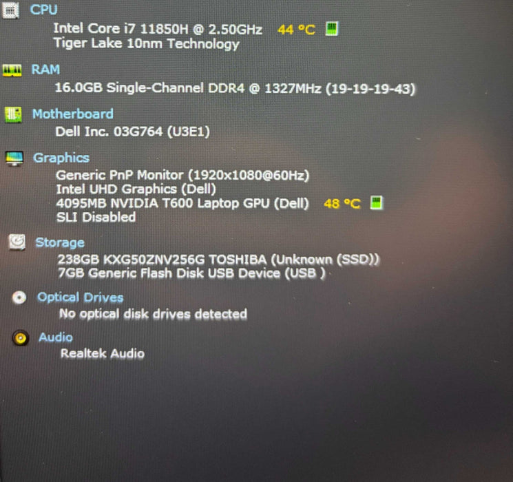 Dell Precision 3561 i7-11850H NVIDIA T600 4GB GPU 16GB RAM 256GB SSD READ  Lap200