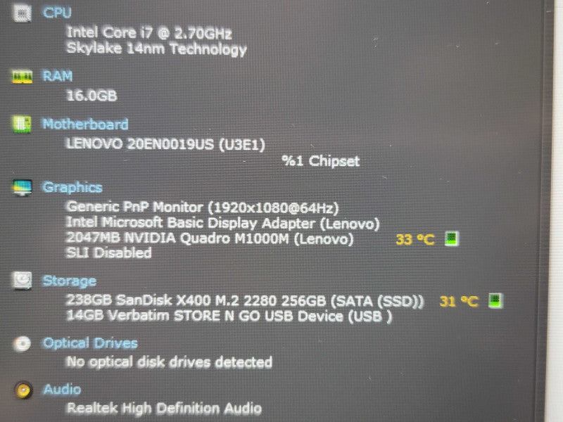 Lenovo ThinkPad P50 i7-6820HQ 16GB RAM Quadro M1000M 256GB SSD  Qβ BudLap