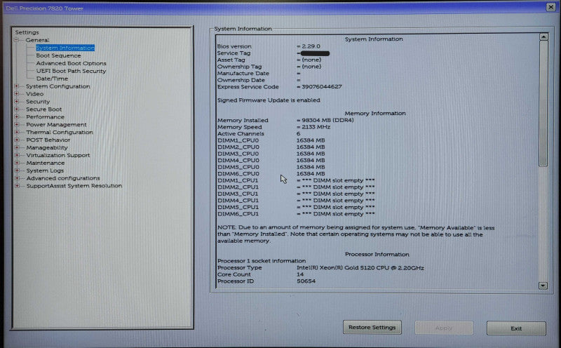 Dell Precision T7820, Xeon Gold 5120, 96GB DDR4, P400, 2x 1TB HDD, 950W PSU
