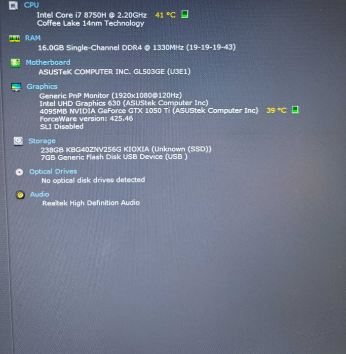 ASUS ROG  Strix 15 GL503GE i7-8750H GTX1050 4GB GPU 16GB 256SSD READ!  Lap200
