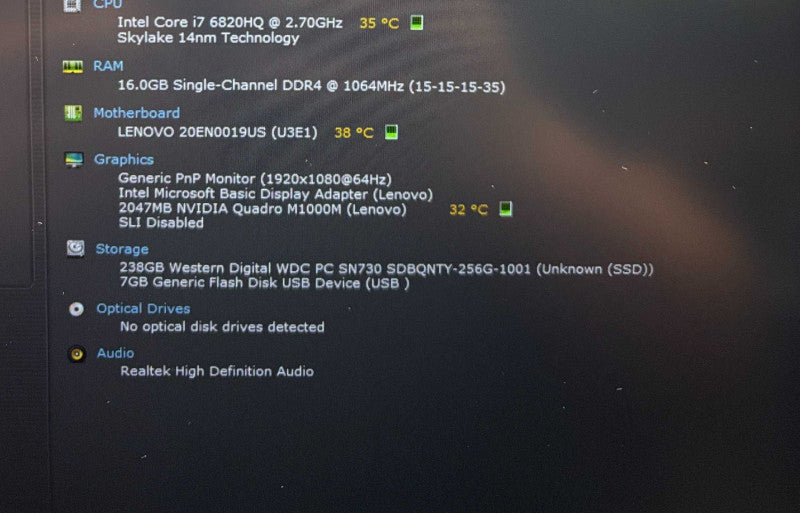 Lenovo ThinkPad P50 i7-6820HQ@2.70 QUADRO M1000M 2GB GPU 16GB RAM 256GB SSD  Lap200