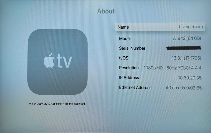 Apple TV 4K (1st generation) 64GB A1842, No Remote