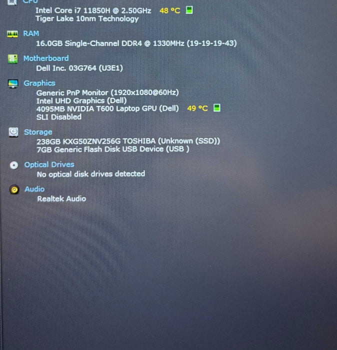 Dell Precision 3561 i7-11850H NVIDIA T600 4GB GPU 16GB RAM 256GB SSD READ  Lap200
