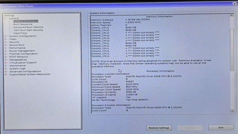 Dell Precision 7820 | 2x Xeon Silver 4208 @2.10GHz, 32GB DDR4, P620, No HDD