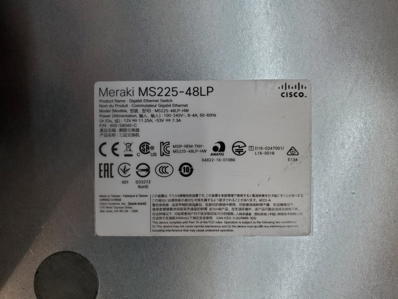 Cisco Meraki MS225-48LP-HW 48 Port GbE PoE+ Network Switch UNCLAIMED Q