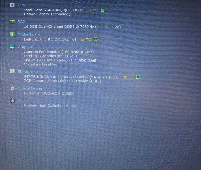 Dell Precision M6800 i7-4810MQ@2.8GHz  Radeon HD 8950 2GB GPU 16GB RAM 480S  Lap200