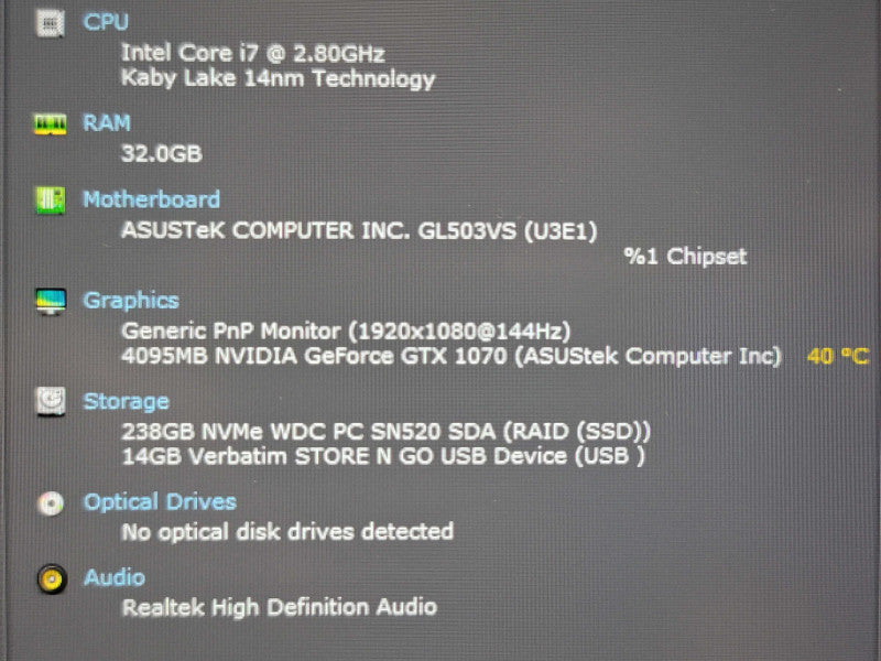 ASUS ROG Strix 503V i7-7700HQ 32GB DDR4 GTX 1070 256GB SSD NO AC ADAPTER  β Lap200