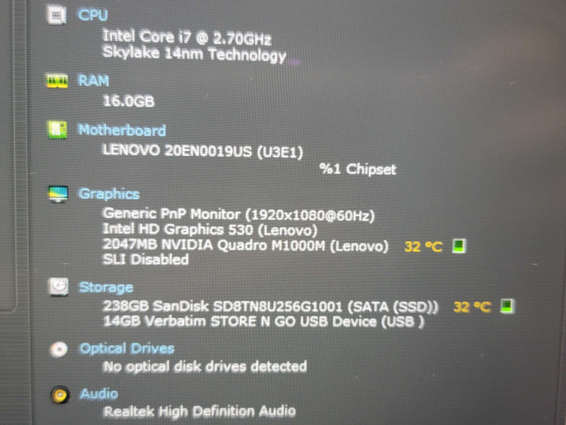 Lenovo ThinkPad P50 i7-6820HQ 16GB DDR4 Quadro M1000M 256GB SSD  β BudLap