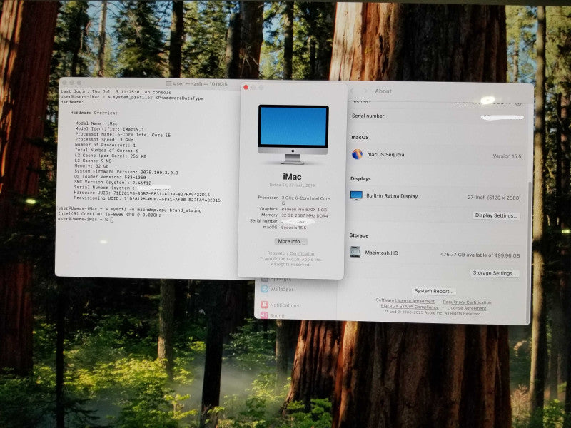 Apple iMac 27" Retina 5K 2019, i5-8500 CPU 3.00GHz, 32GB RAM - 499GB